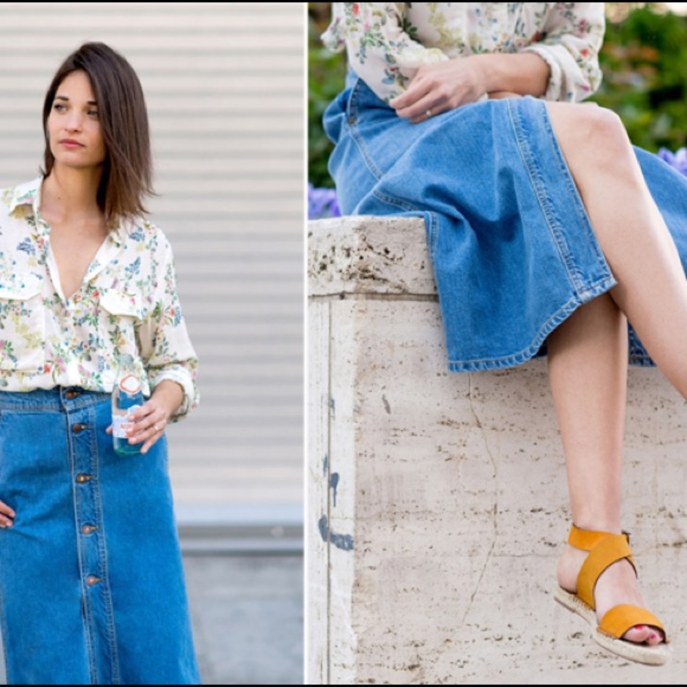 Midi length denim button down skirt
